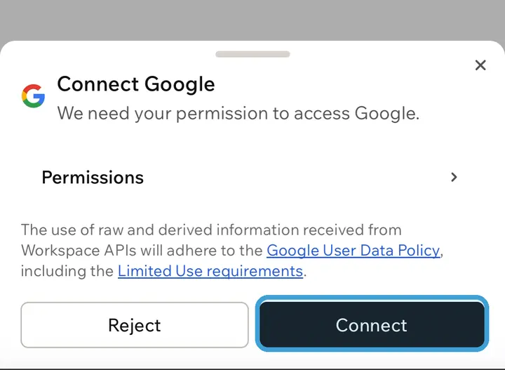 חלון Connect Google עם הכפתור Connect מסומן