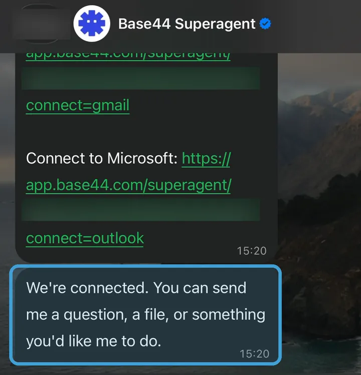 העוזר כותב: We're connected. You can send me a question, a file, or something you'd like me to do